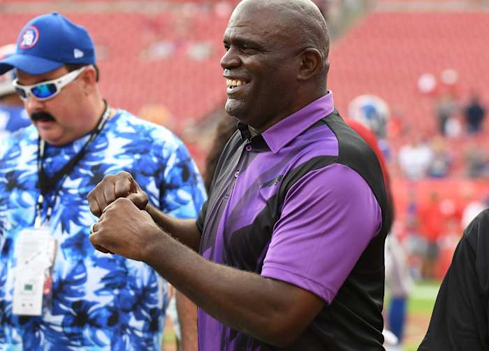 Oct 1, 2017; Tampa, FL, USA; National Football League Hall of Fame player Lawrence Taylor talks with fans on the field before the game between his former team the New York Giants and the Tampa Bay Buccaneers at Raymond James Stadium.